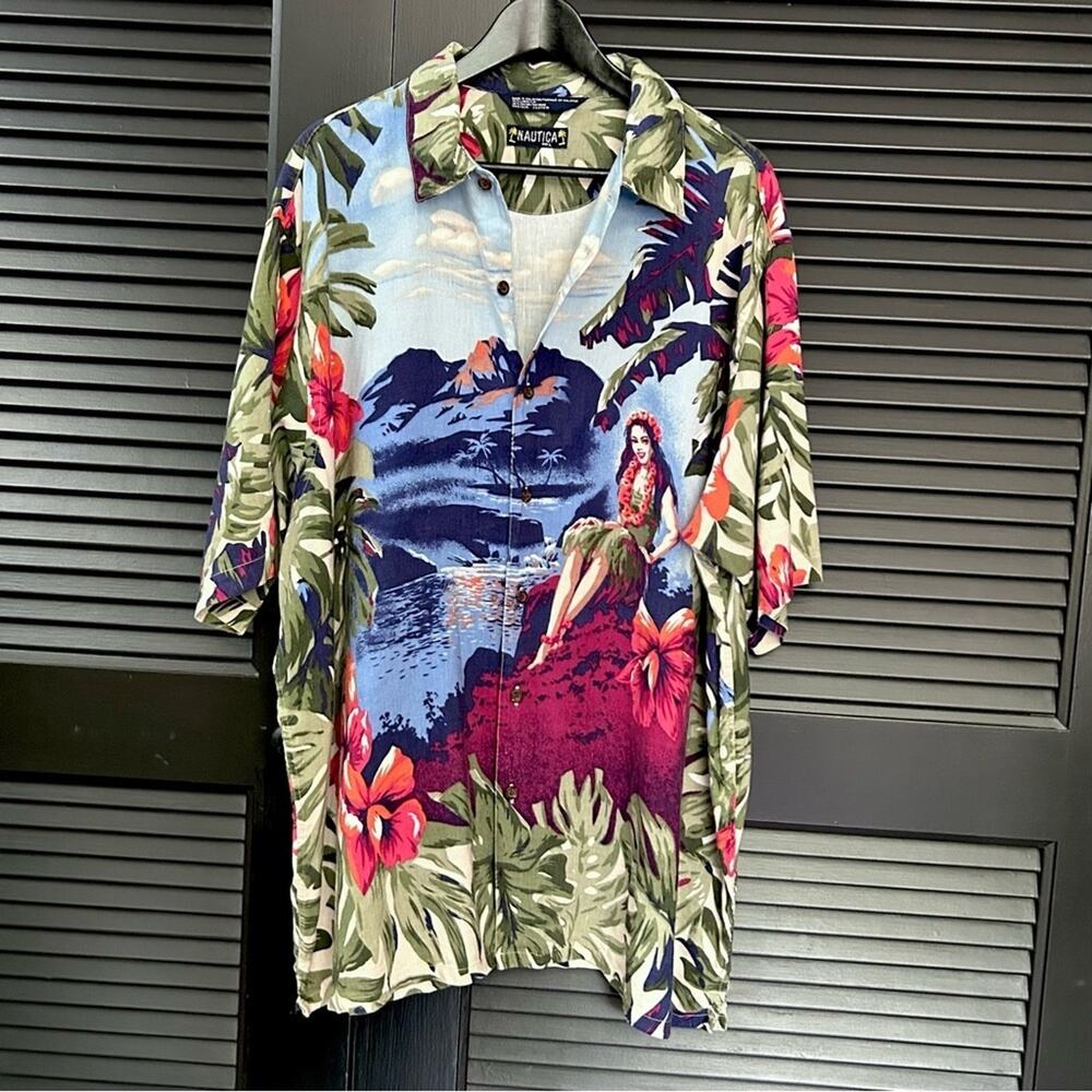 Nautica Men’s Hawaiian Linen Rayon Blend Casual Button Down Shirt, Size Large - Picture 3 of 13